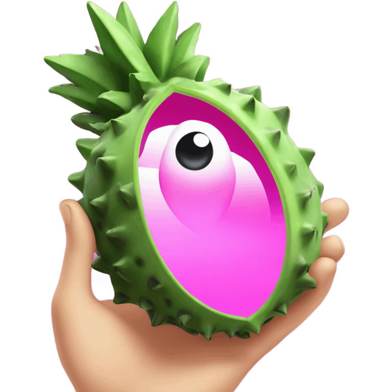 3D elegant Pitahaya with large shiny eyes 👀 one hand holds the mirror with its reflection 🪞 emoji