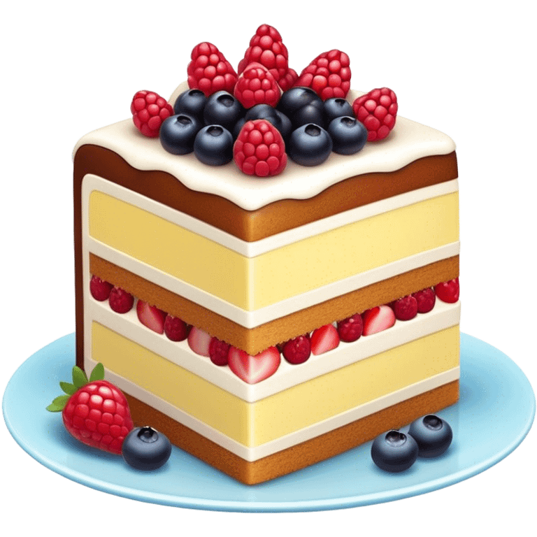 Cinematic luxurious slice of cake, delicate layers of moist sponge and rich frosting, beautifully decorated with fresh berries and a glossy glaze, soft glowing light, elegant and indulgent. emoji