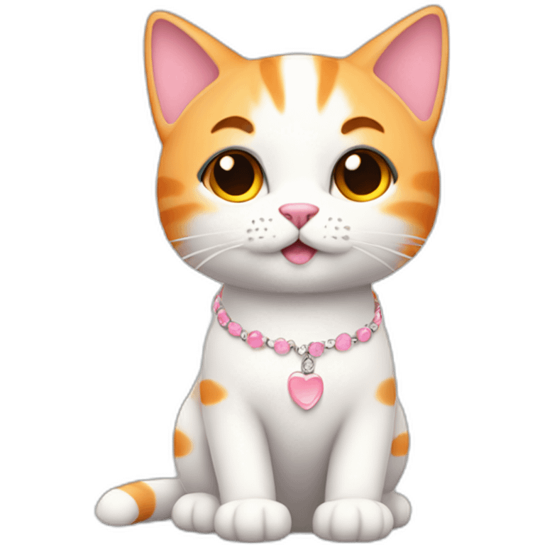 full body white orange cat cute with a small black eyes and a paw pink necklace emoji