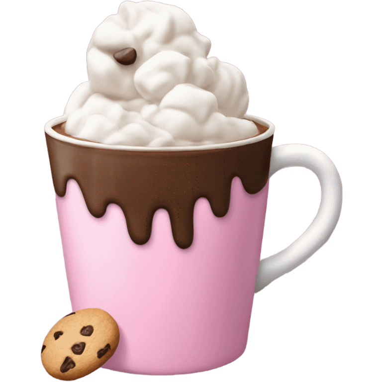 A pink cup of hot chocolate with whipped cream, marshmallows and a cookie in top emoji