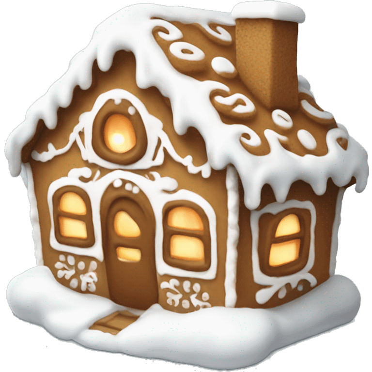 A cute little white and glowing gingerbread house with snow in the top emoji