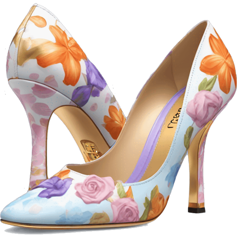 Dolce and Gabbana high heels with white and colourful lavender light blue orange pink summer print and golden detais 2023 emoji