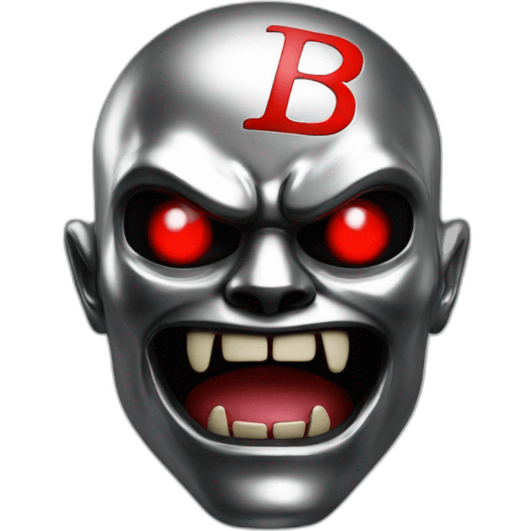 chrome demon with red lazer eyes and letter B on the face, 3d, portrait, black background emoji