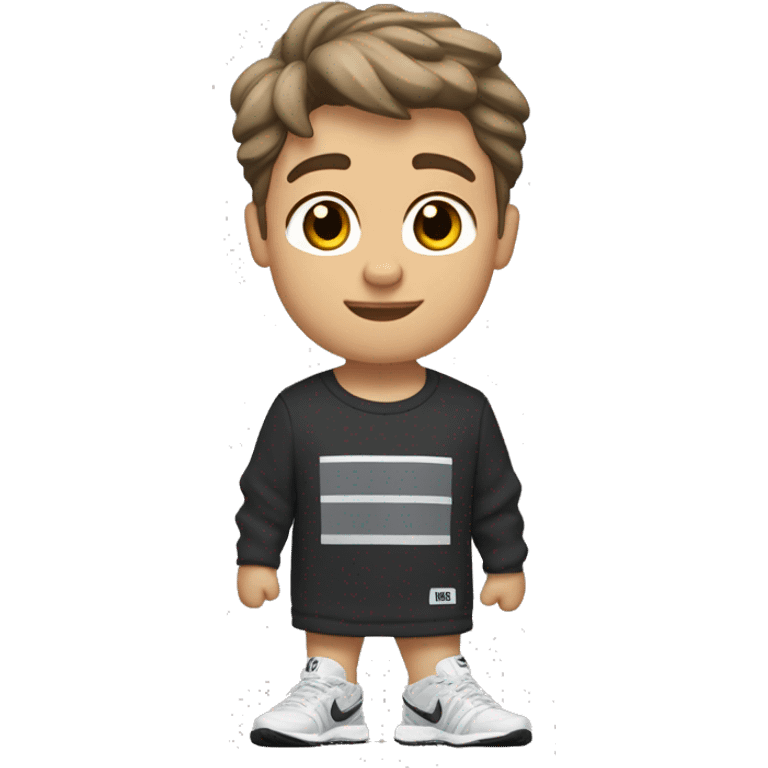 A very little tanned white boy with brown hair is very important that he has brown hair, short and a little wavy, with New Balance 1906R Grey, white Nike socks, a black Nike running jogging and a black Under Armour t-shirt. emoji