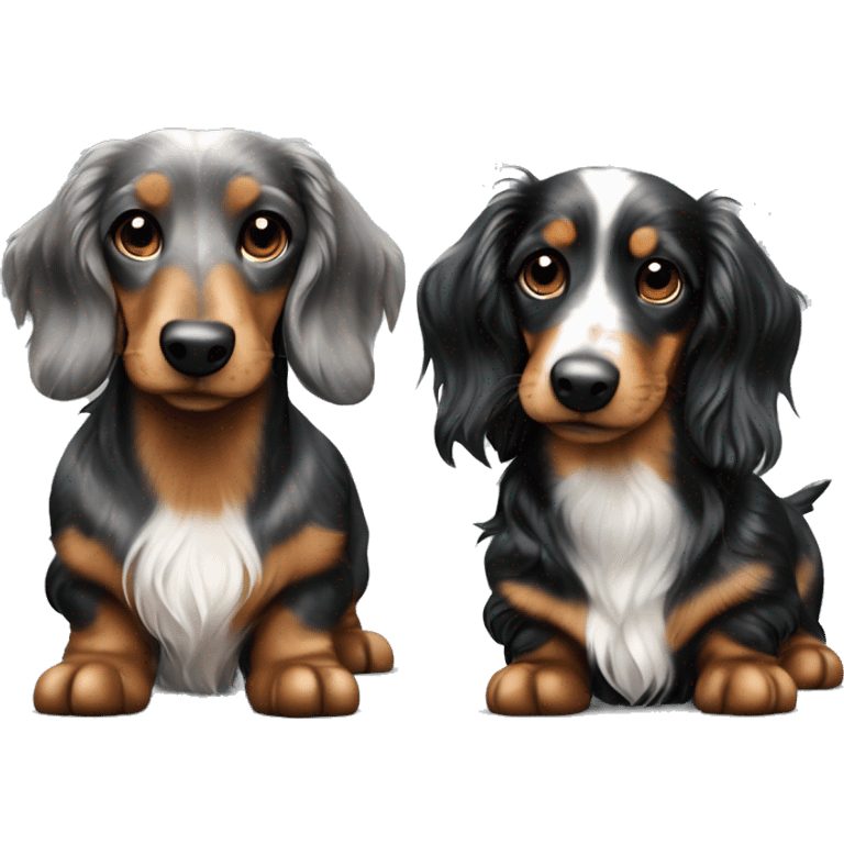 Two Tri Black Merle long haired Dachshunds together emoji