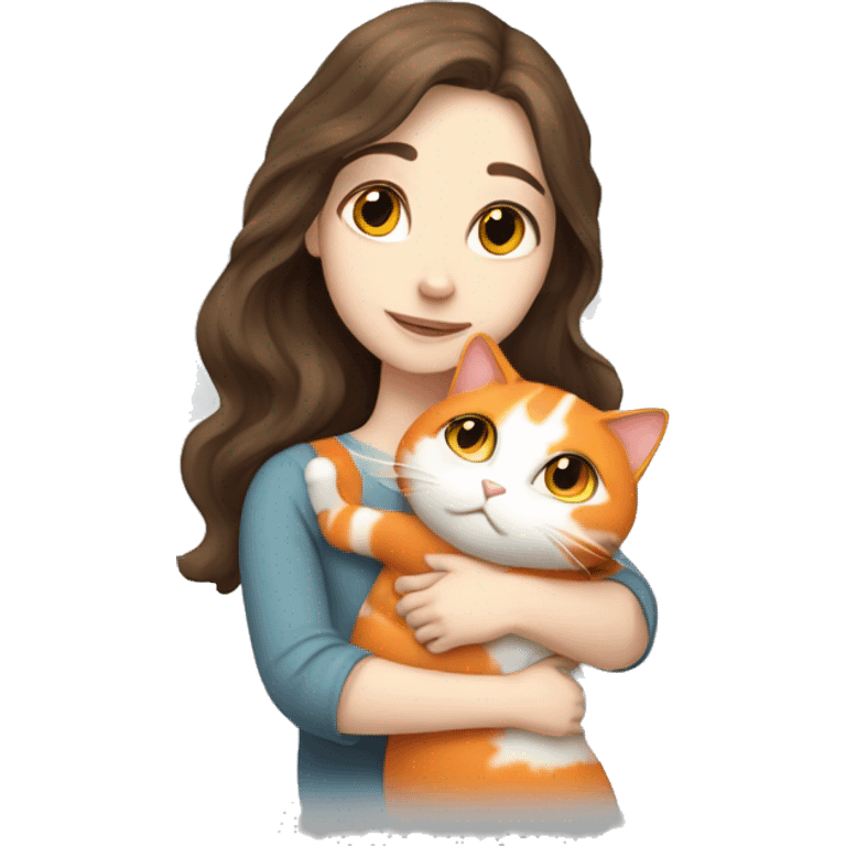 pale skinned brunette long wavy haired girl hugging her white and orange cat   emoji