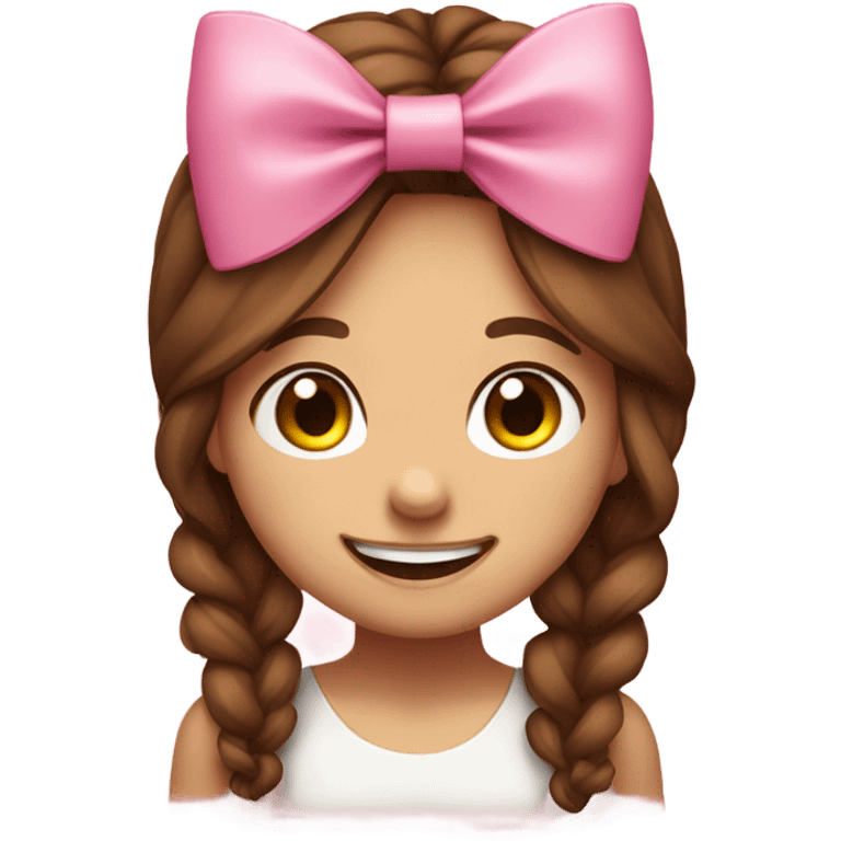 Pink bow on head of girl with brown hair and he giggling  emoji