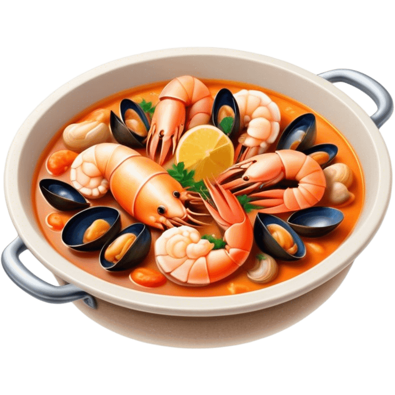 Cinematic Realistic Buzara Seafood Dish Emoji, depicted as a rustic, flavorful seafood stew with shellfish rendered with rich textures and dynamic, maritime lighting. emoji