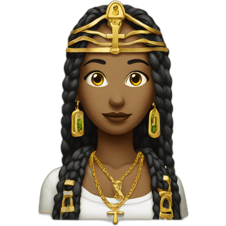 Virginie with a gold necklace with ankh emoji