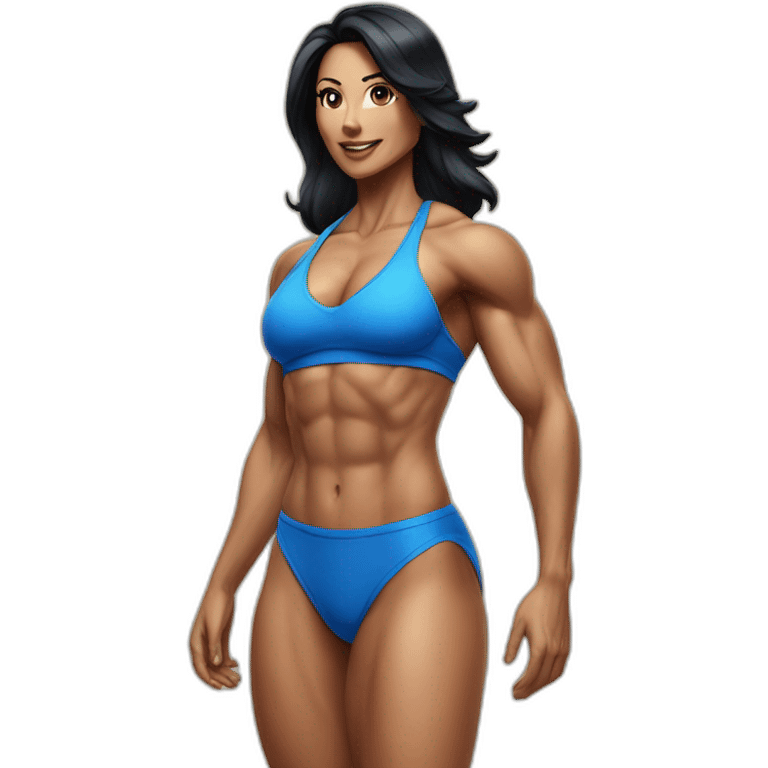 40 year old muscular woman with black hair in a blue bikini at a fitness competition  emoji