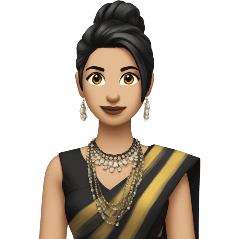 hair straight, American/British white, black hair, white face colour, slender face, wearing a trendy saree and accessories, full body, sharp jawline, edgy emoji