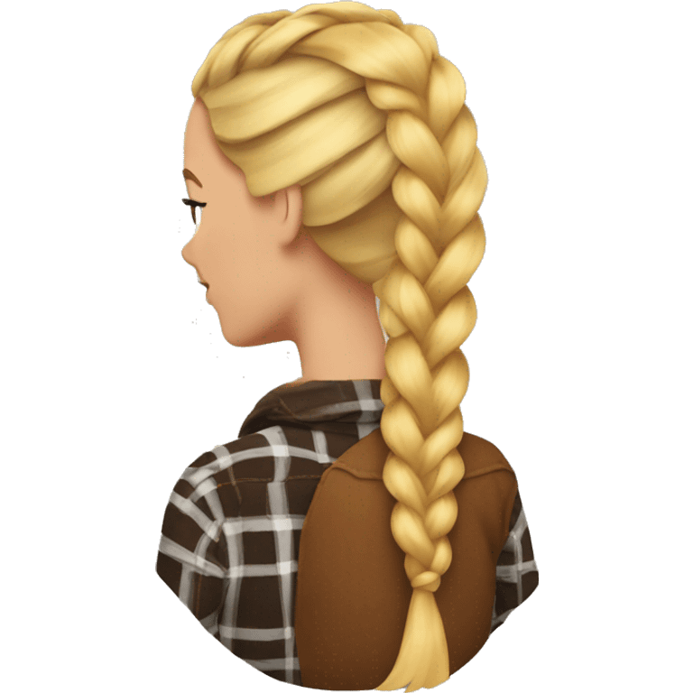 Woman with her back turned with a blonde hair braided wearing a brown and orange flannel emoji