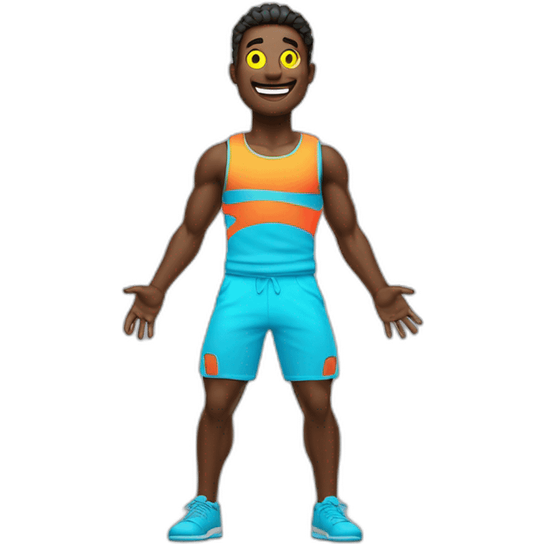 Fit, playful emoji-man with vivid neon glow, exuding a cheerful aura, and strong, lively posture.”  emoji