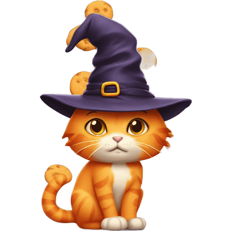 Orange cat wearing a witch hat thinking about cookies emoji