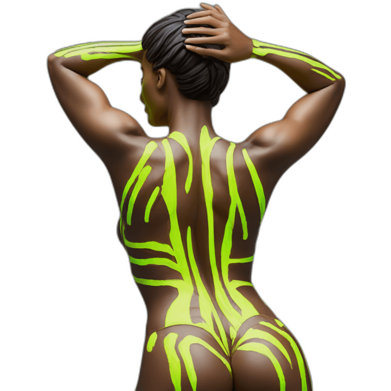 Hyper-realistic neon figurine showing tall sultry fitness model in striped body paint from behind emoji