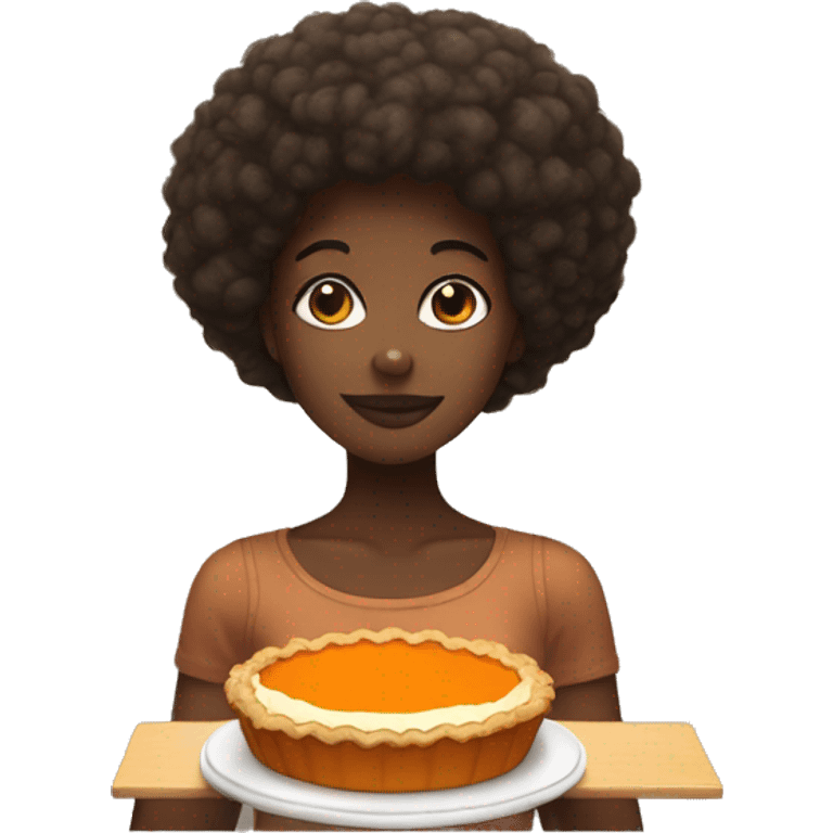 Black girl with short Afro eating a slice of pumpkin pie emoji