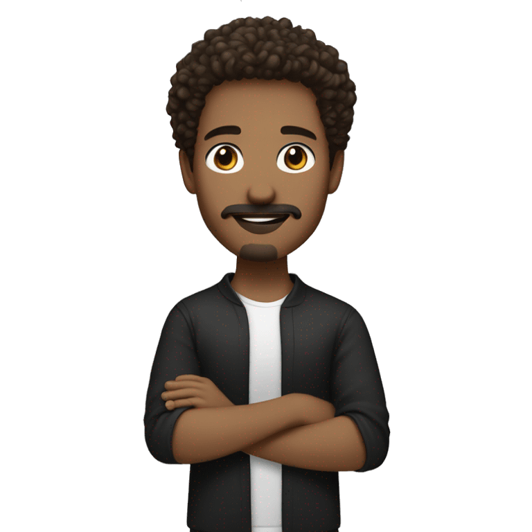 white young guy with brown eyes and wavy/curly hair in black leaning to brown color. with goatee and a mustache emoji