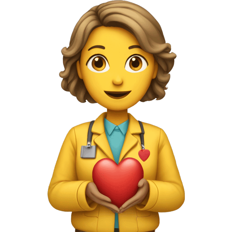 A female teacher in a yellow jacket holds a heart in her hands emoji