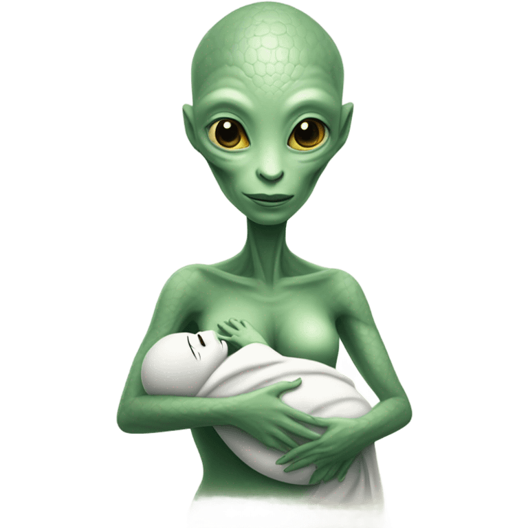  Reptilian alien woman , full body,  holds a newborn white humman baby emoji