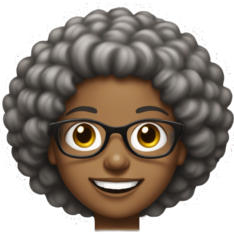 young black lady with bi eyes and big grin, short afro hair and glasses on emoji