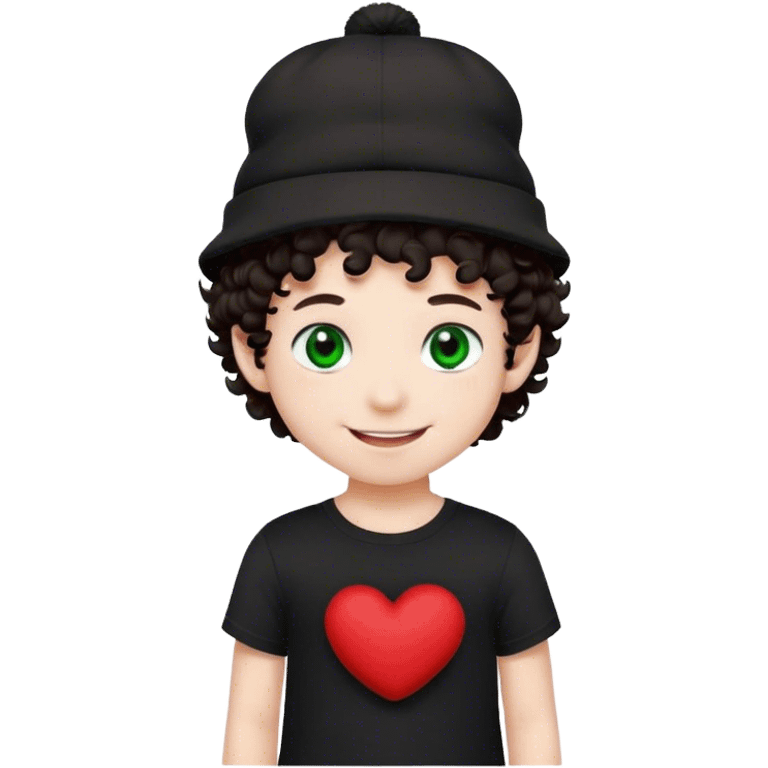 A boy with white skintone, dark brown little curly hair, a black and red plushie looking hat, with a smile and all, it’s very furry. And the boy had green eyes, and a black shirt on. emoji