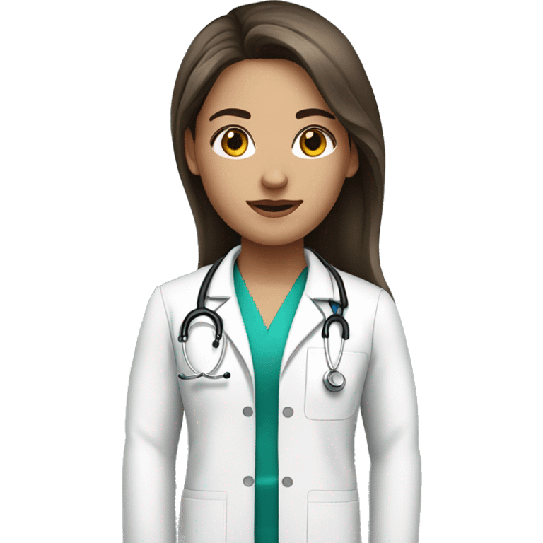 Beautiful white doctor with brunette long hair and black eye color emoji