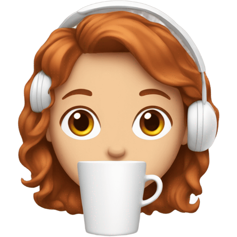 a girl with short, wavy copper hair, holding a coffee in her hand and wearing white earphones emoji