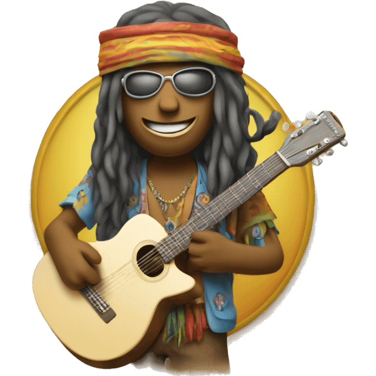 anthropomorphic hippie guitar, showing a sign of peace emoji