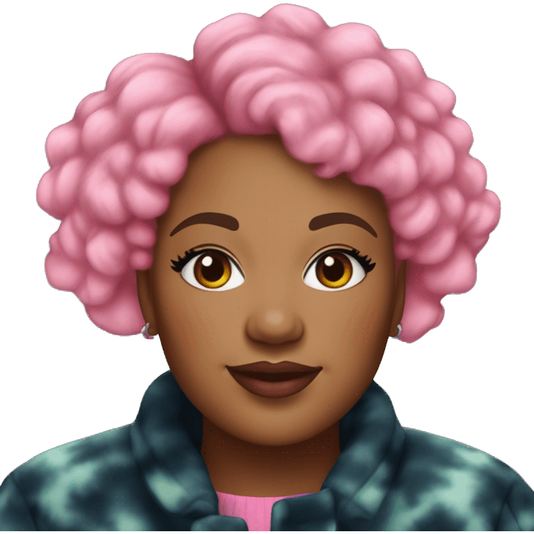 Plus size black woman with pink curly pixie cut hair and a tie dye winter coat  emoji