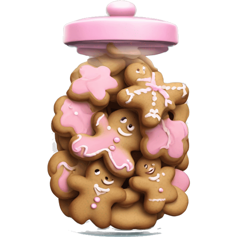 Realistic glass cookie jar with light pink lid full of gingerbread cookies isolated.  emoji