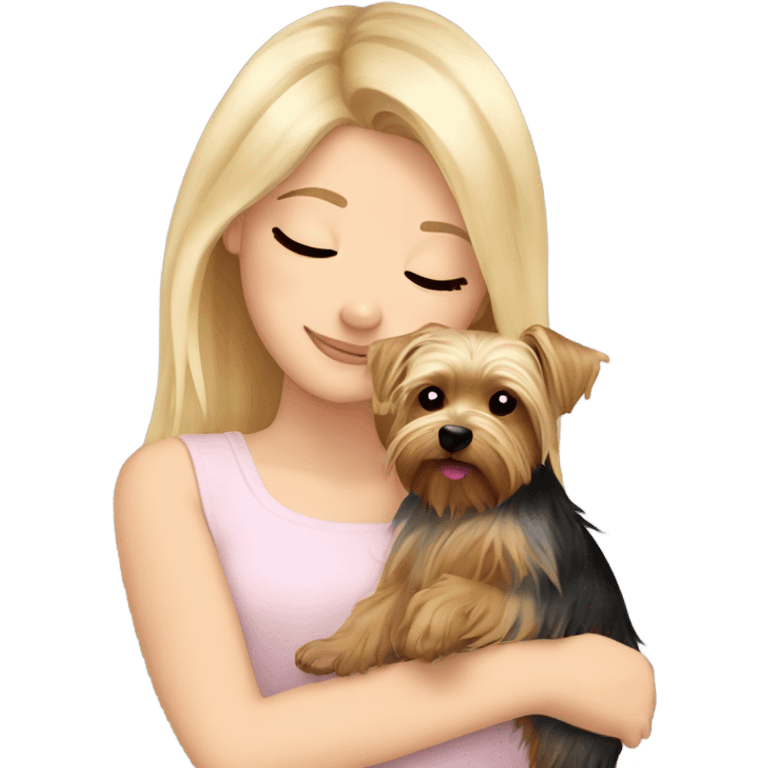 White girl blonde hair closed eyes hugging Yorkshire terrier  emoji