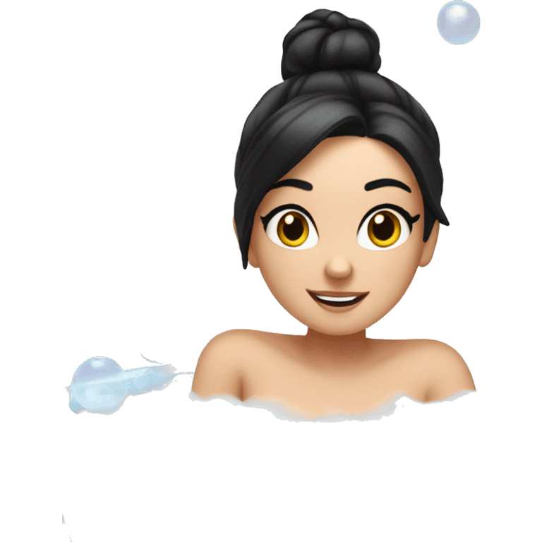 White girl with black hair in bun in bath tub with bubbles emoji