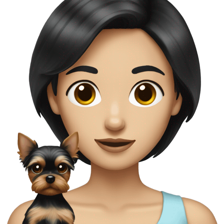 White lady with short black hair holding a Yorkie  emoji