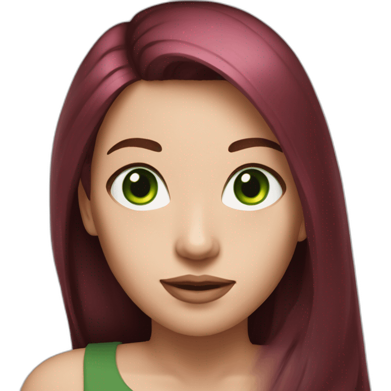 woman, long straight ruby hair, white skin, green eyes, black tshirt emoji