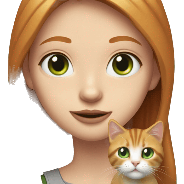 girl, pale, green eyed,with long straight strawberry blonde-ginger hair (mix of that two hair colours as one), with red , like blood, lips, holding a  grey tabby cat, with spot of white fur in shape of a collar and also green eyed,( one cat one girl,) emoji