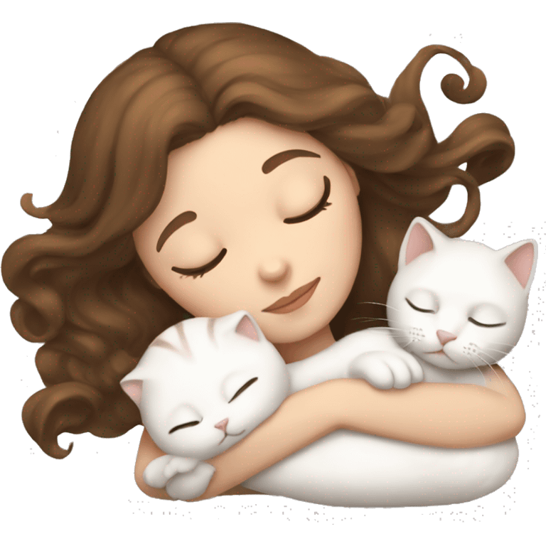 White girl brown hair sleeping with white kitty emoji