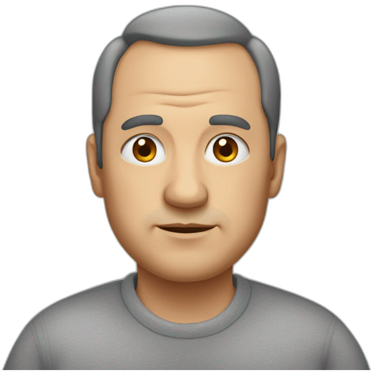 a man in his 50s with a receding hairline and obesity in a gray sweatshirt looks with a squint. emoji