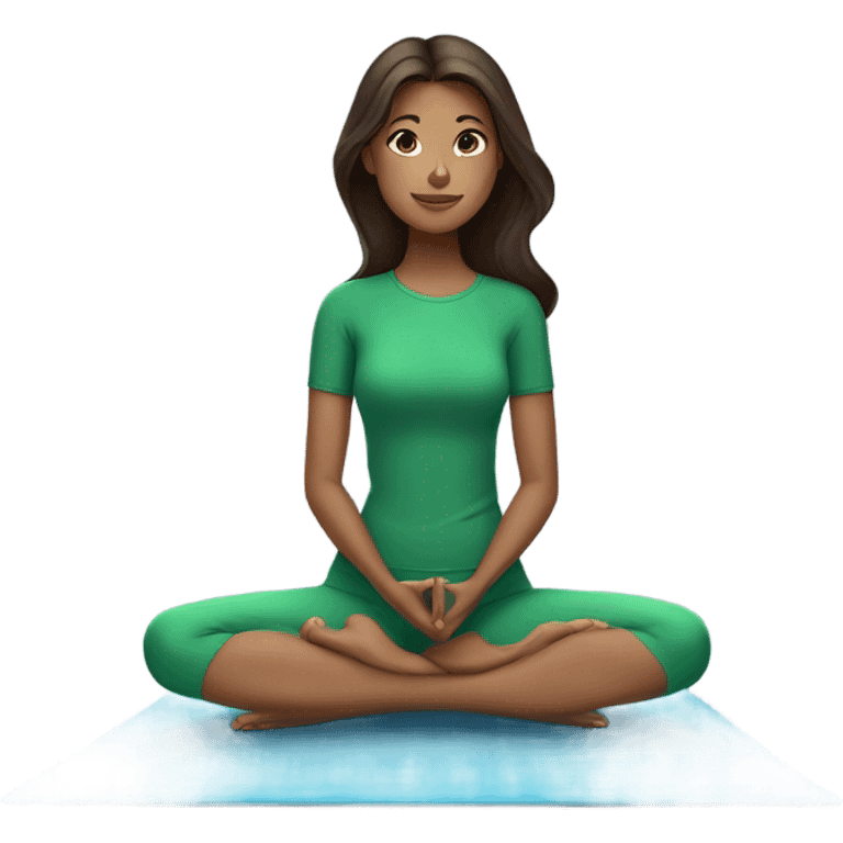 brunette girl on a blue yoga mat with green clothes emoji