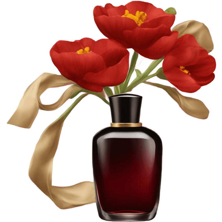 Dark red sophisticated perfume bottle with red buttercups and a silk scarf emoji