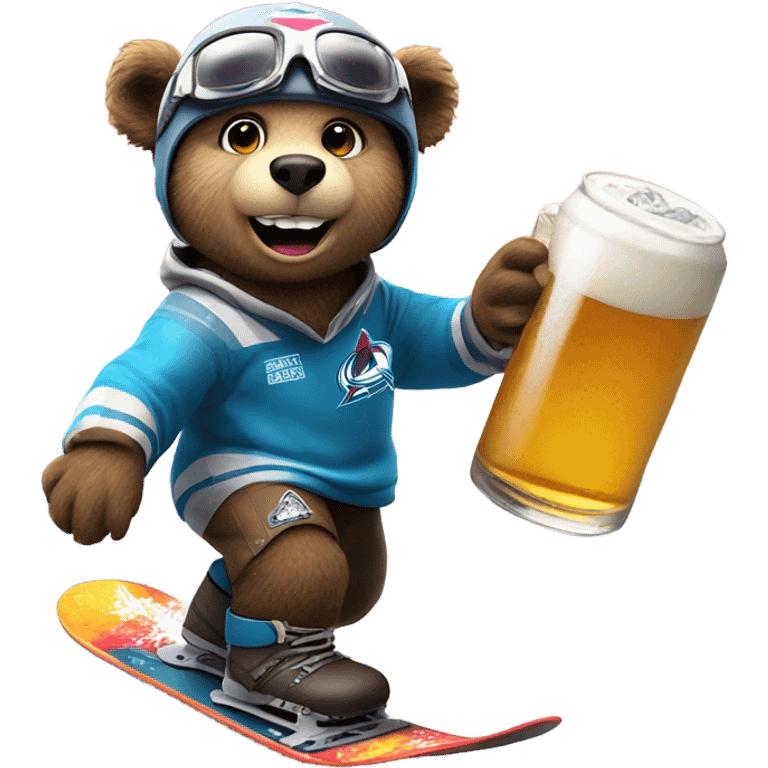 snowboard bear with safe  helmet and goggles in colorado avalanche jersey doing insane tricks while holding a beer emoji