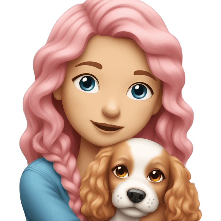 Please create a girl who hugs her pet doggie. The girl has a cute face and so does the doggie. The girl has light skin, blue eyes and pink wavy long hair. emoji