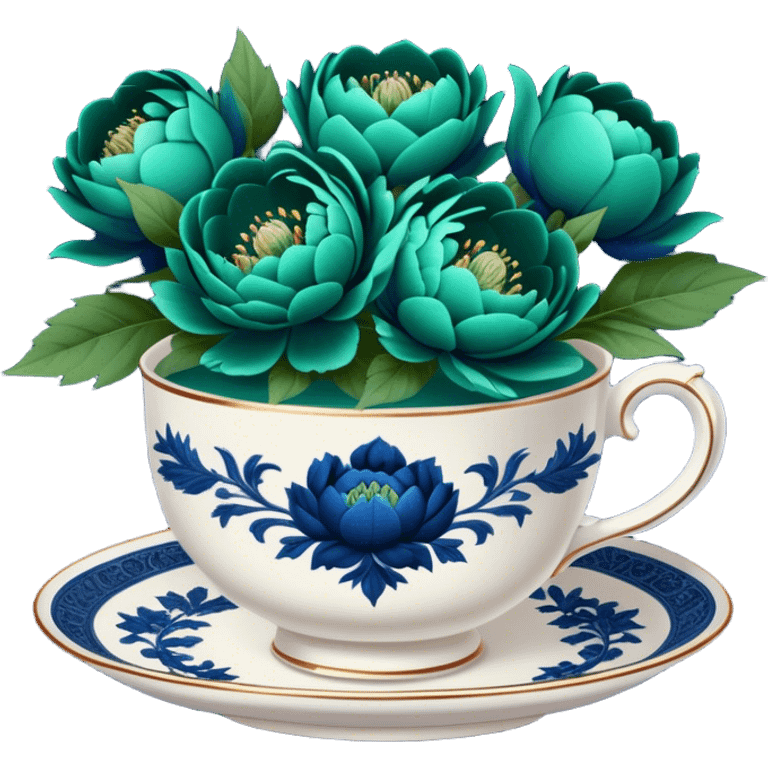 A charming composition of a vintage teacup with an intricate emerald green design, placed beside a bouquet of navy blue peonies. emoji