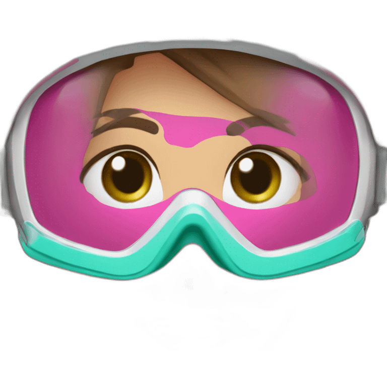 woman large brown and straight hair, pink diving mask with a single crystal, green anda blue eyes, scubadiving gear emoji