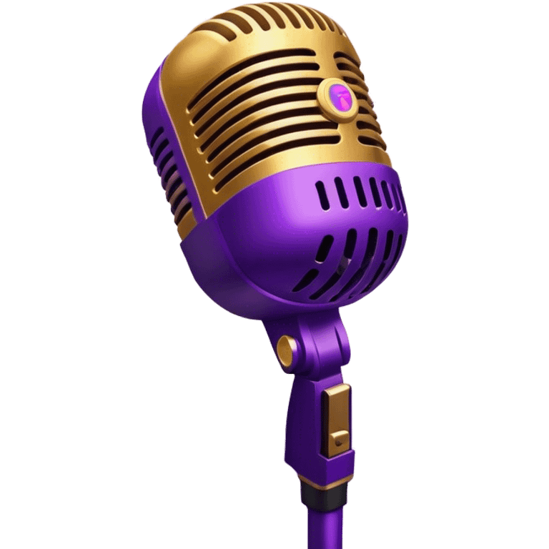 golden microphone surrounded by hurricane, musical notes and protest signs flying in the eye of the storm, purple gradient storm clouds background emoji