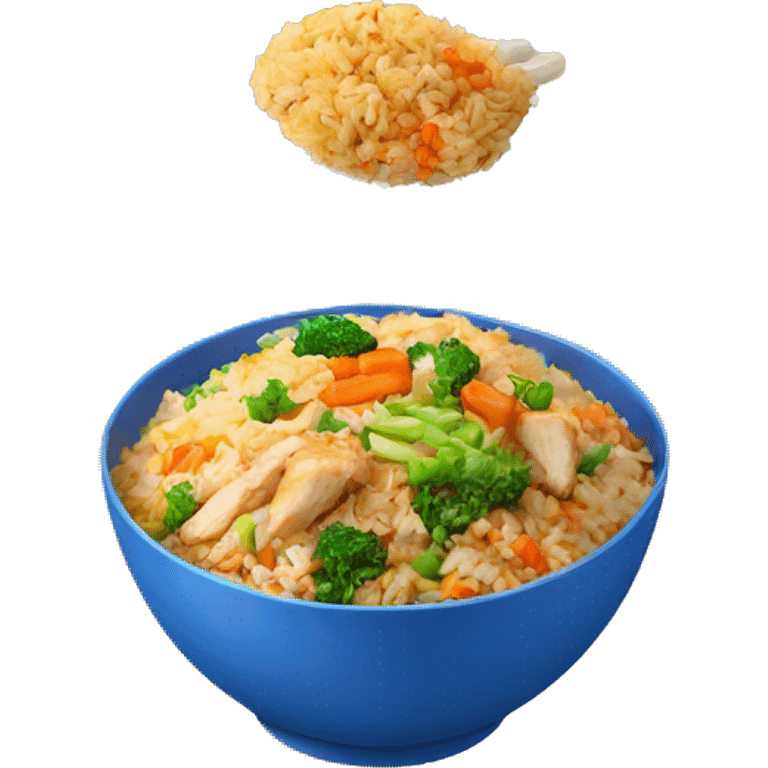 Fried rice with chicken and vegetables in a blue bowl emoji