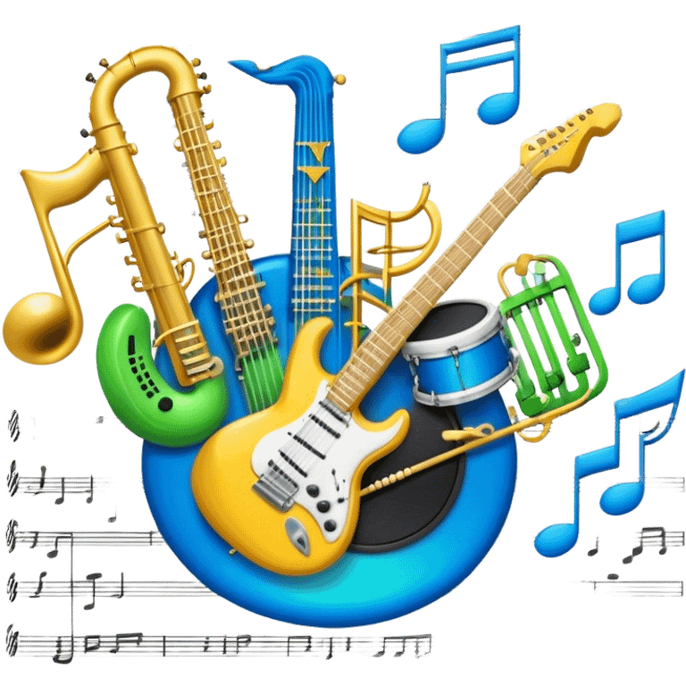 Create an artistic and vibrant emoji that represents music arrangement and orchestration. The design should feature musical notes, a synthesizer, drums, and an electric guitar, symbolizing the fusion of different instruments in an arrangement. Include subtle details like flowing lines to represent harmony between instruments, and integrate sheet music in the background. Use a dynamic mix of colors like electric blue, neon green, and gold to evoke both the classical and modern elements of music. The background should be transparent, with elements that show the blend of creativity and musical structure. emoji