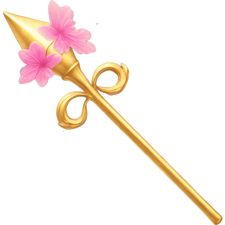 Golden wand with floral pattern on it and pink fairy dust around it  emoji