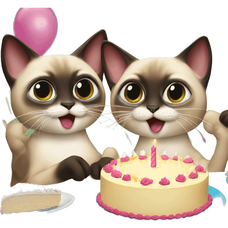 two siamese cats at a birthday party eating cake emoji