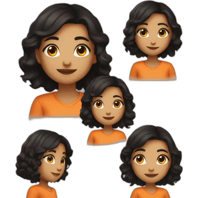 a light skin girl with culry black hair and brown eyes an and a orange shirt pointing at somthing emoji