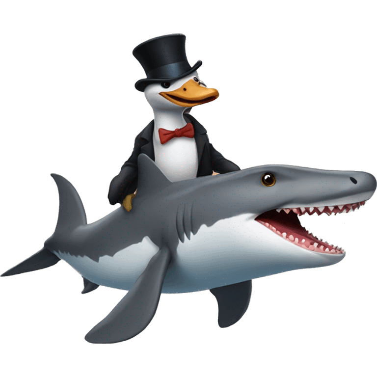 Goose riding a shark with a top hat emoji